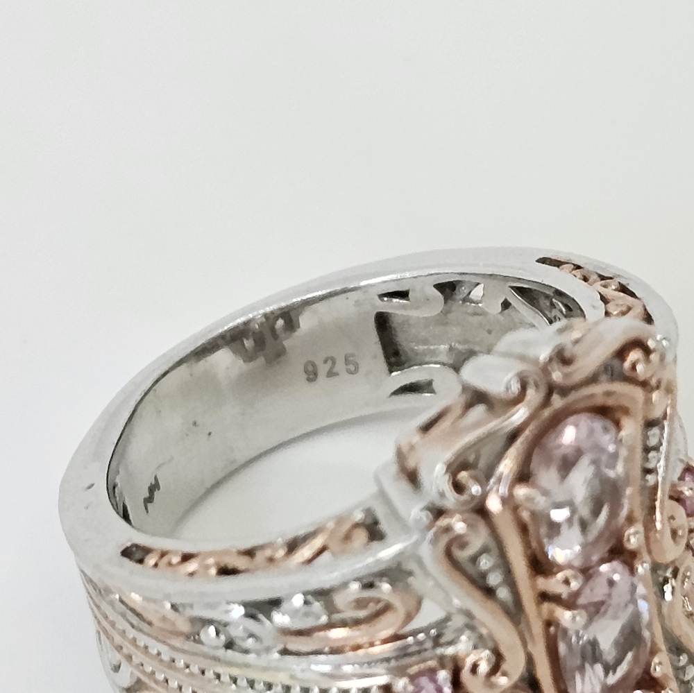 Genuine Morganite & Sapphire Ring 18K Rose Gold Palladium Sterling Silver Sz 7 - Picture 7 of 11